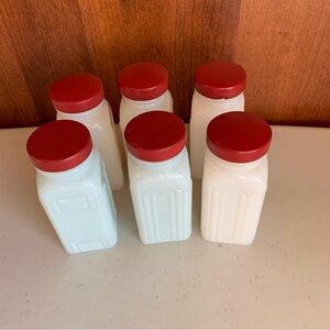 Lot of Six Griffith Milk Glass Spice Jars With Repainted Lids 1930’s